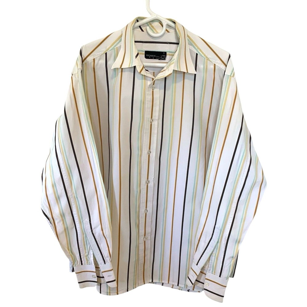 Rocwear Front Button Dress Casual Shirt Mens X-Large Stripes Cotton Preppy